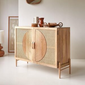 SMAART CRAAFTS Osho Rattan 2 Door Cabinet | Spiral Carving Sideboard with Shelf Storage | Cane Design Cabinet for Living Room | Pure Mango Wood, Natural Matt Finish |